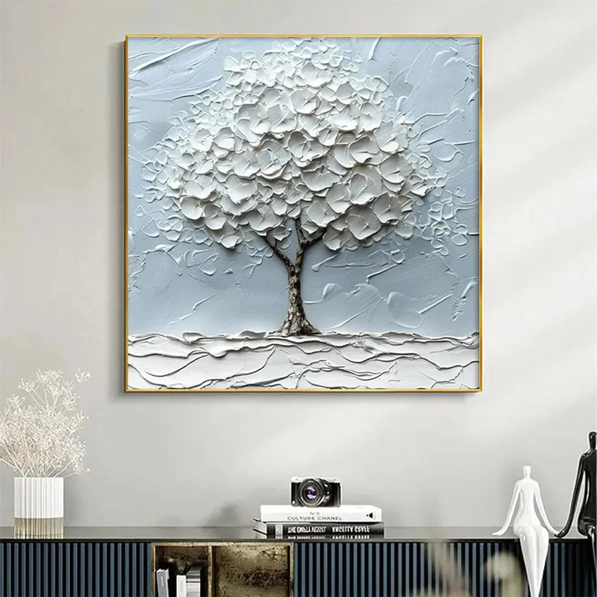 WINTER'S EMBRACE: Textured Tree Painting, Impasto Wall Art, Square Canvas, Winter Decor, Minimalist Art - Image 3
