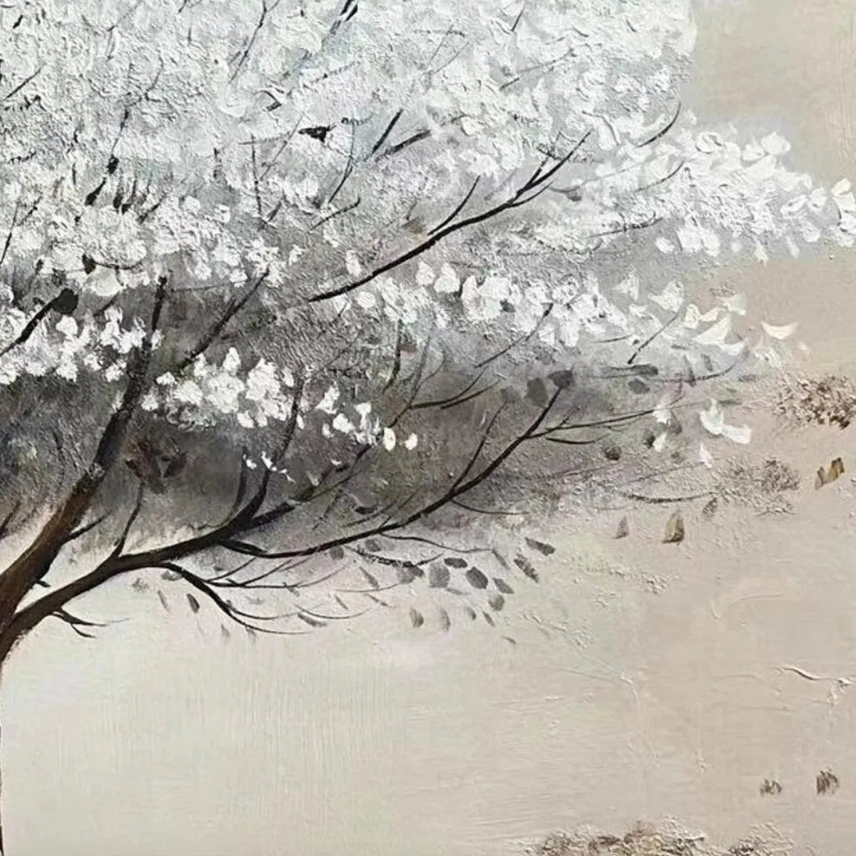 WINTER'S GRACE: Textured White Tree Painting with Gold Accents on Beige - Image 5