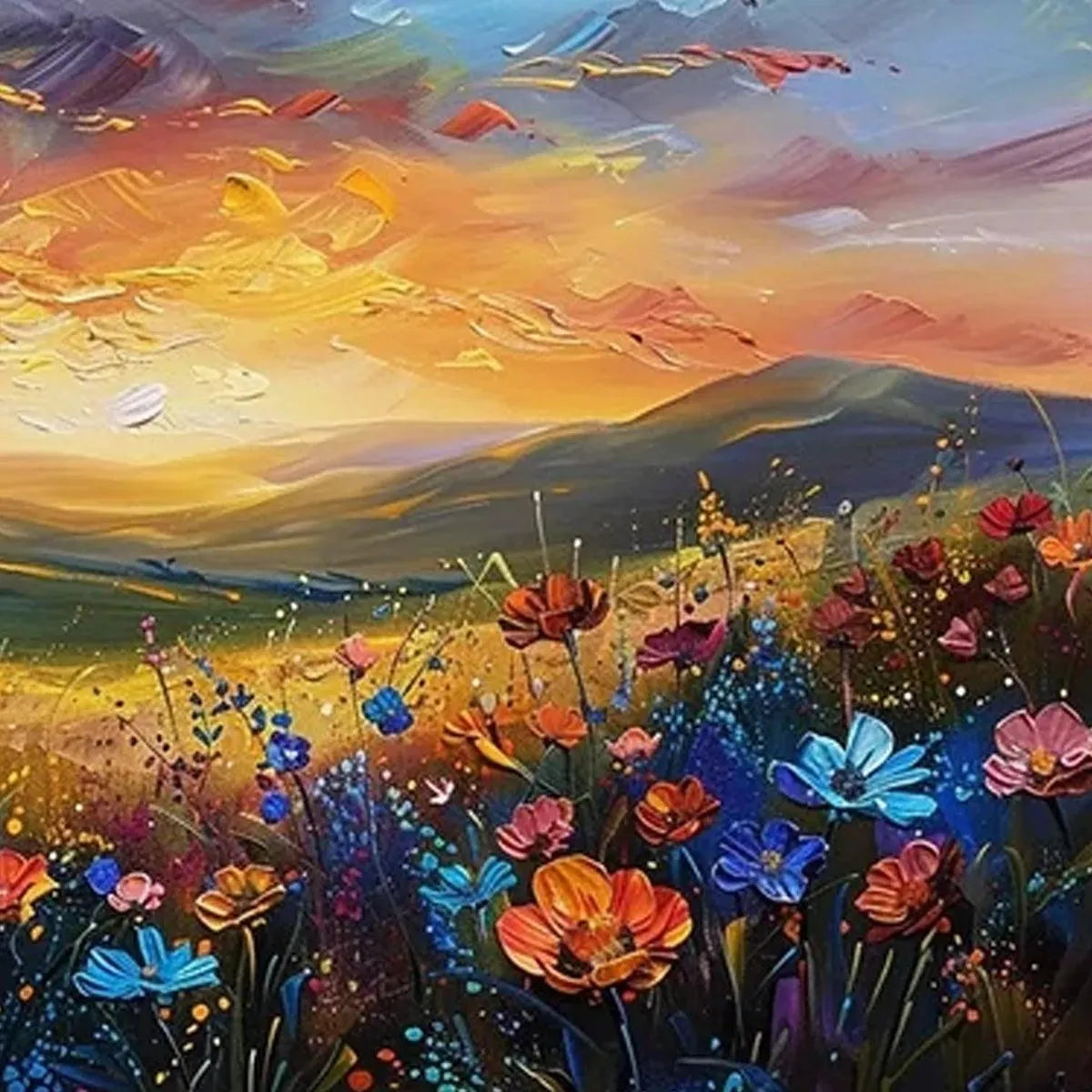 SUNSET SERENADE: Textured Floral Landscape Painting, Impasto Wall Art, Horizontal Canvas, Sunset Decor - Image 9