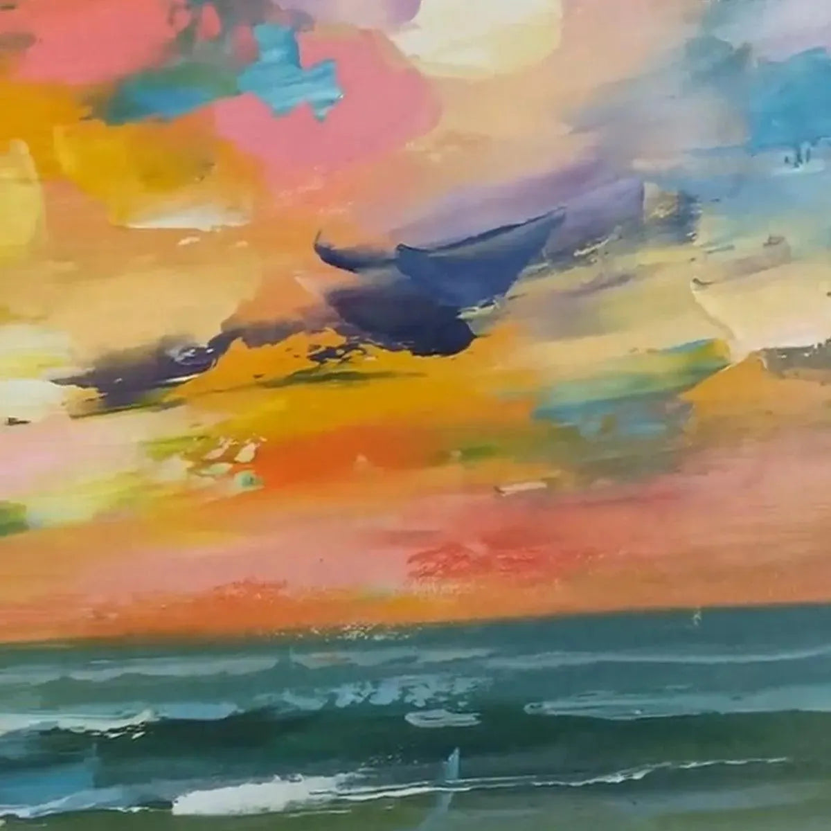 SEASIDE SUNSET SERENADE: Ocean Painting, Impasto Texture, Sunset Beach, Panoramic Wall Art, Horizontal Canvas - Image 4