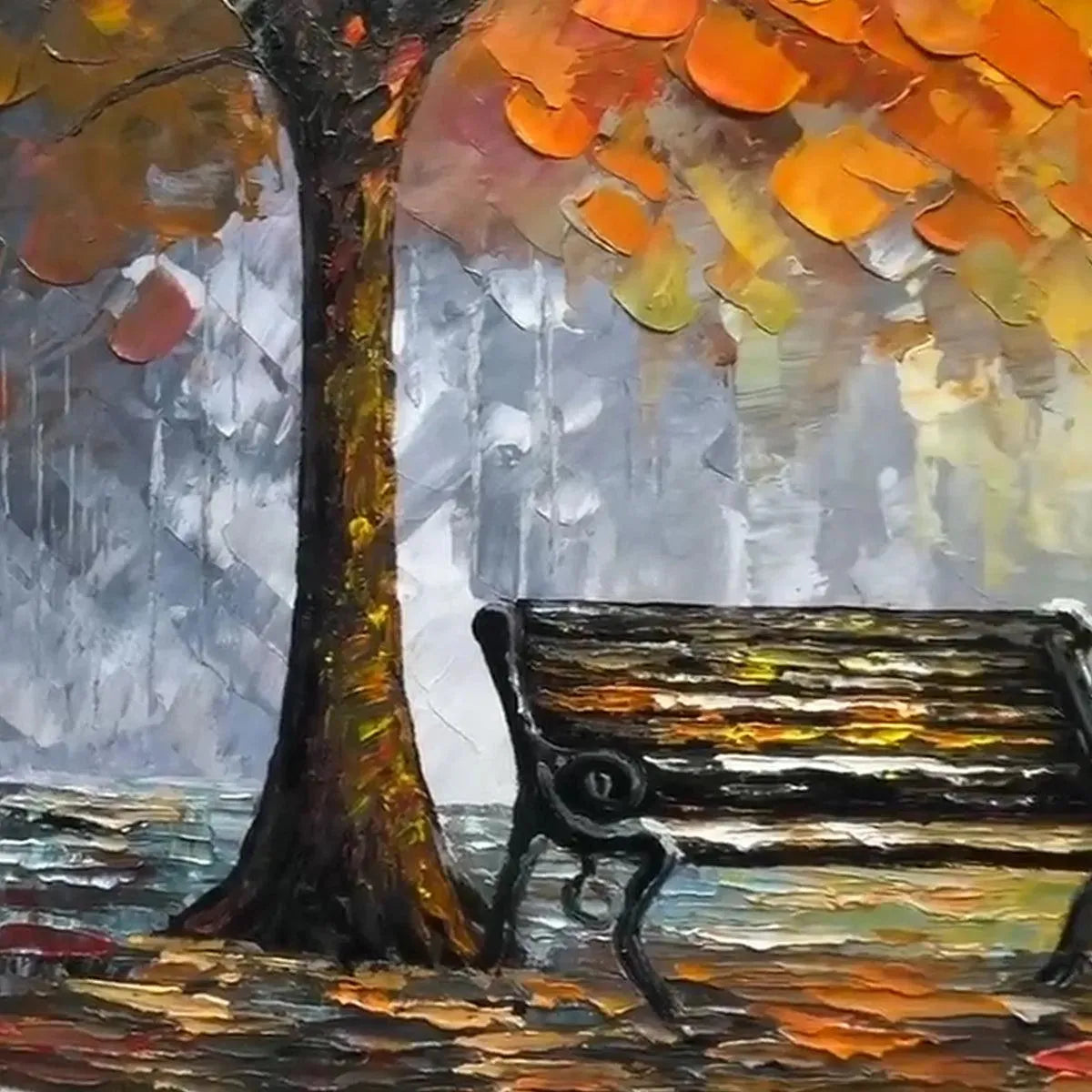 AUTUMN PARK BENCH: Impressionistic Park Painting in Orange and Grey - Image 5