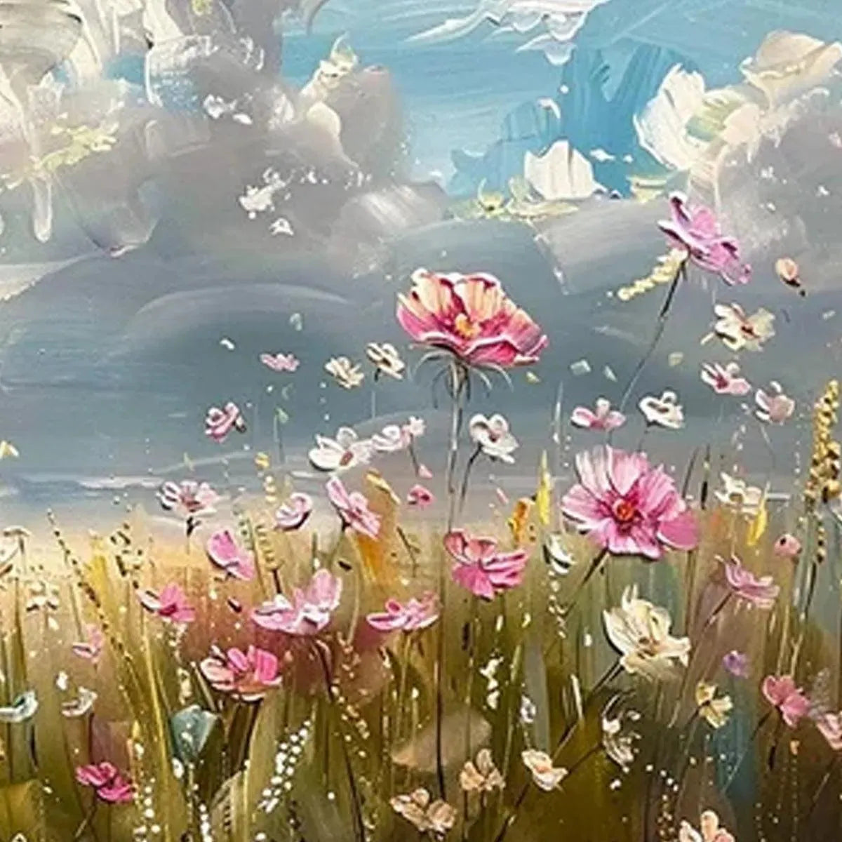 COSMOS FIELD: Textured Floral Landscape Painting, Impasto Wall Art, Horizontal Canvas, Wildflower Decor - Image 3