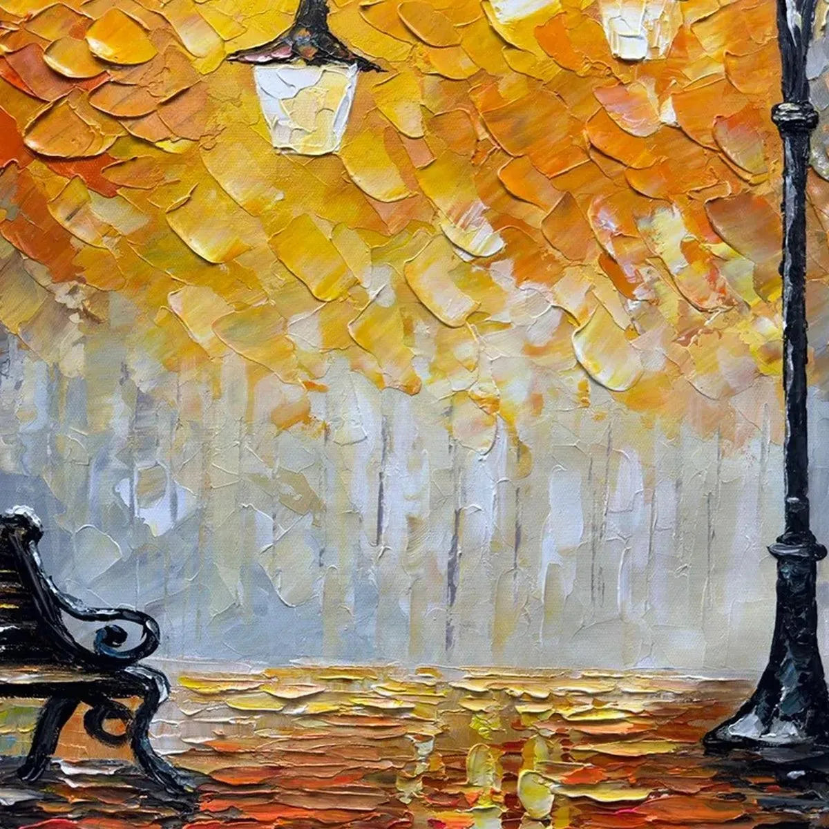 AUTUMN PARK BENCH: Impressionistic Park Painting in Orange and Grey - Image 3