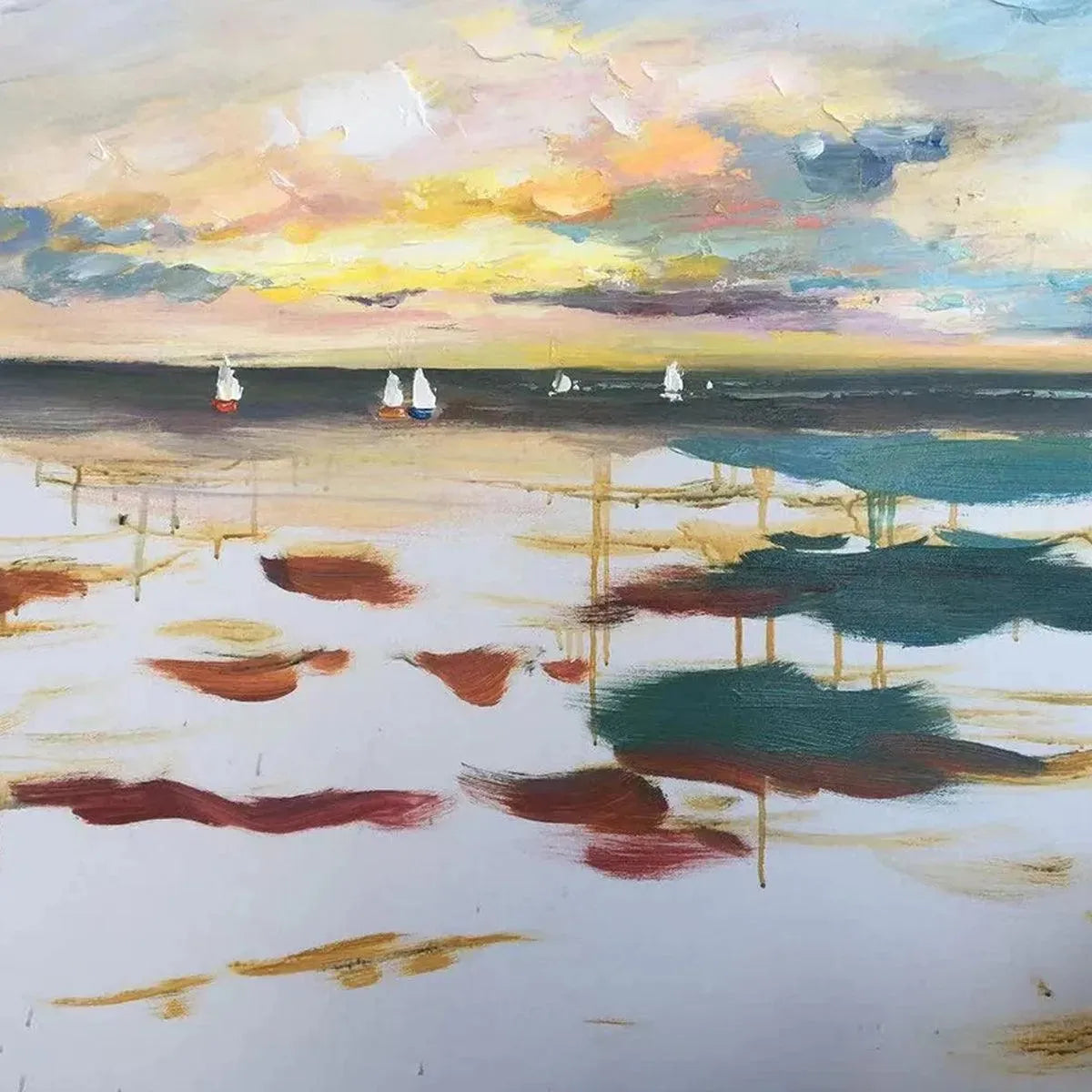 SUNSET SAIL: Seascape Painting, Impasto Texture, Ocean View, Panoramic Wall Art, Horizontal - Image 10