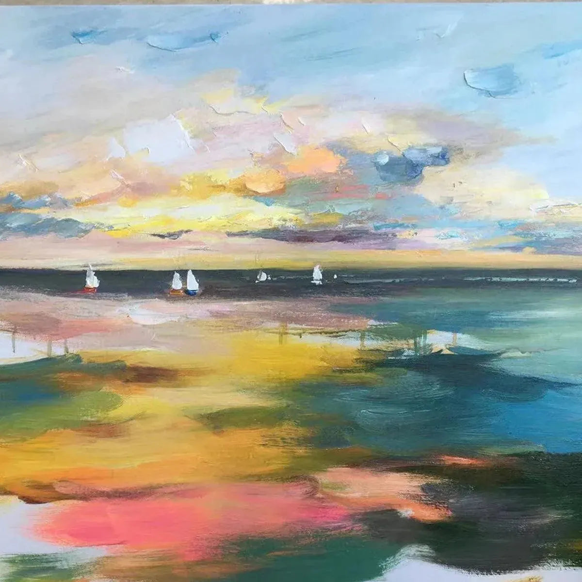 SUNSET SAIL: Seascape Painting, Impasto Texture, Ocean View, Panoramic Wall Art, Horizontal - Image 6