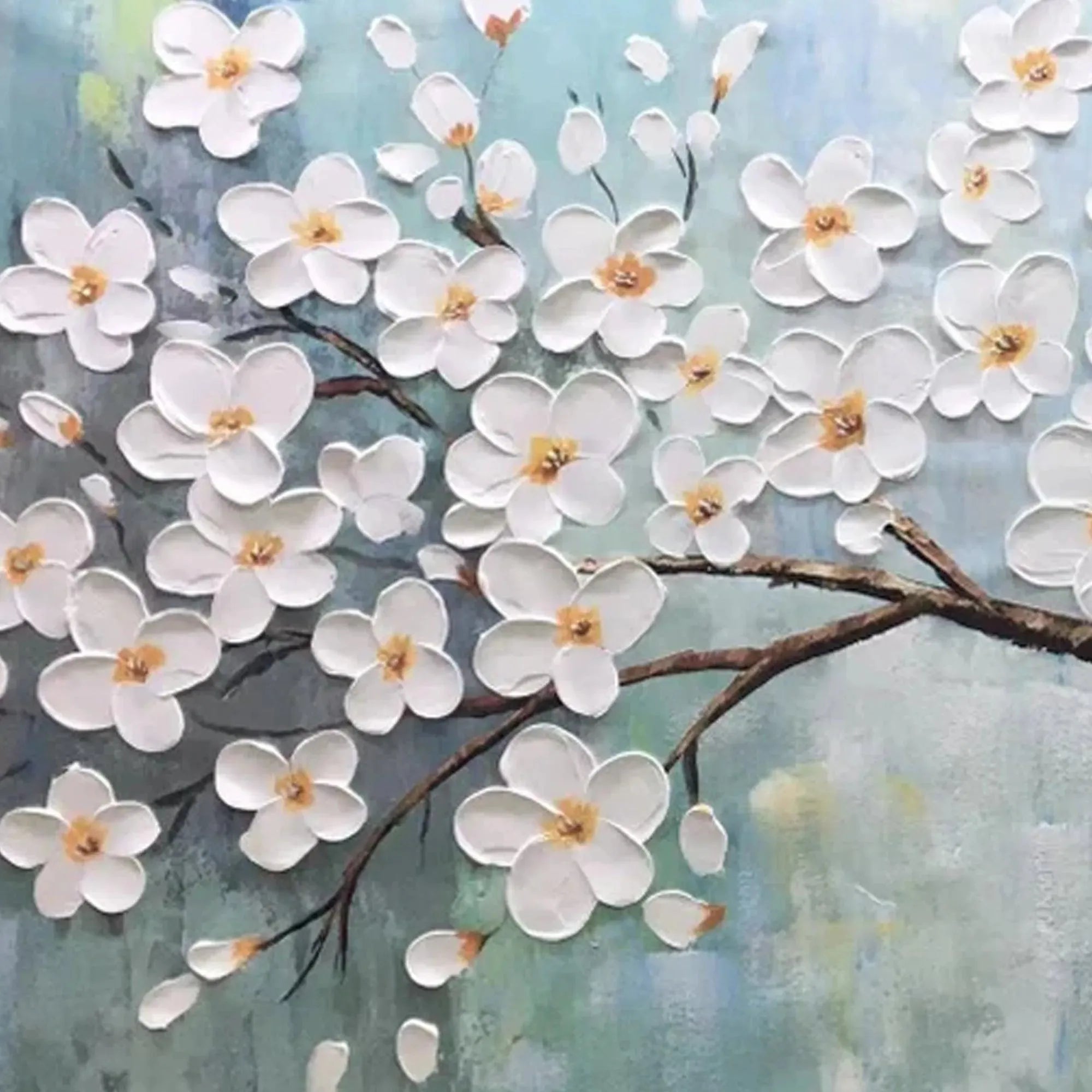 WHITE BLOSSOMS: Textured Floral Painting in White and Blue - Image 6
