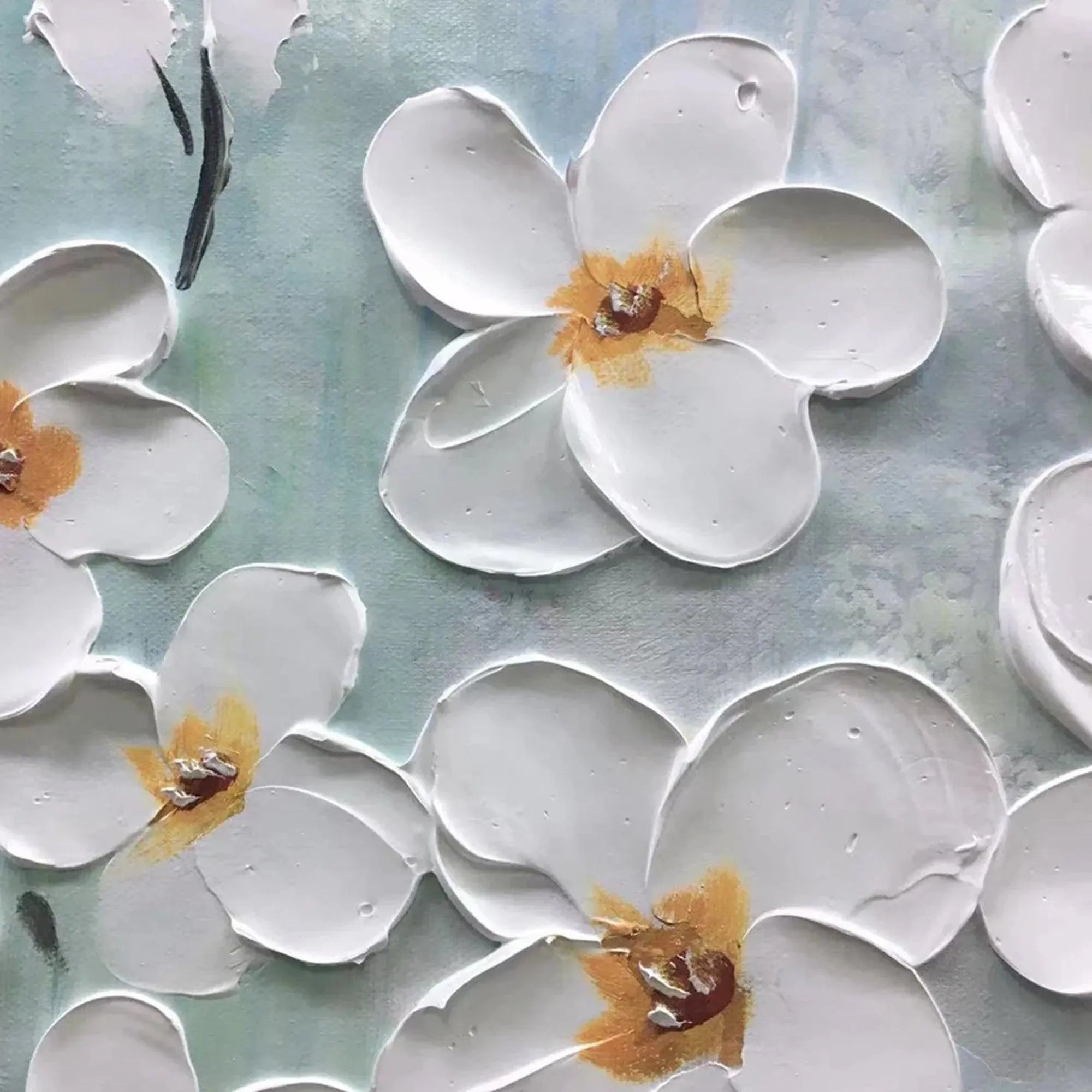 WHITE BLOSSOMS: Textured Floral Painting in White and Blue - Image 3
