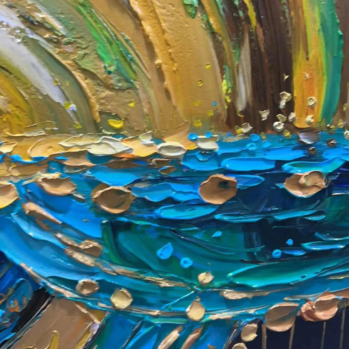 Abstract Sunburst Oil Painting - Gold and Green Art - Image 3
