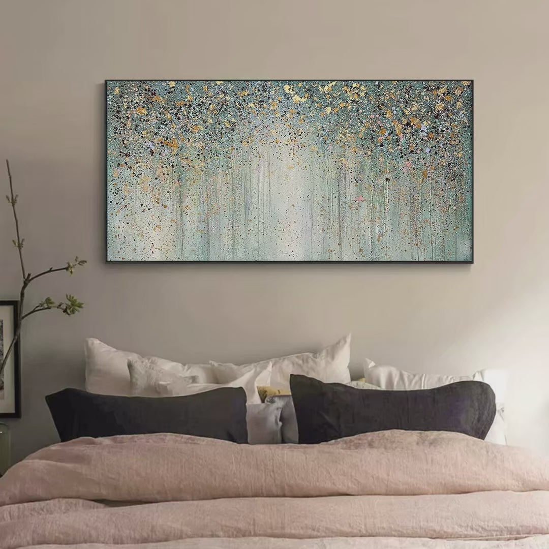 GOLDEN RAIN: Textured Abstract Landscape Painting in Green and Gold - Image 4