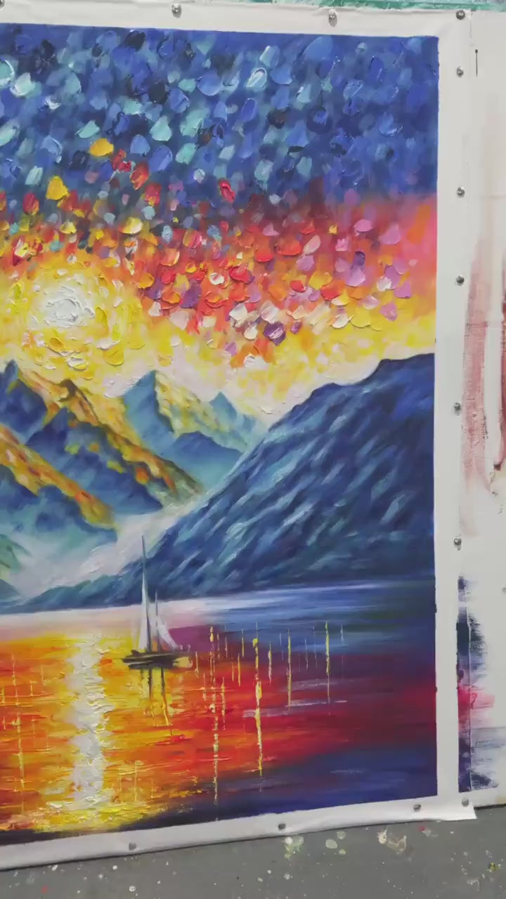 MAJESTIC SUNRISE: Mountain Landscape Oil Painting with Lake and Sailboat - Image 4