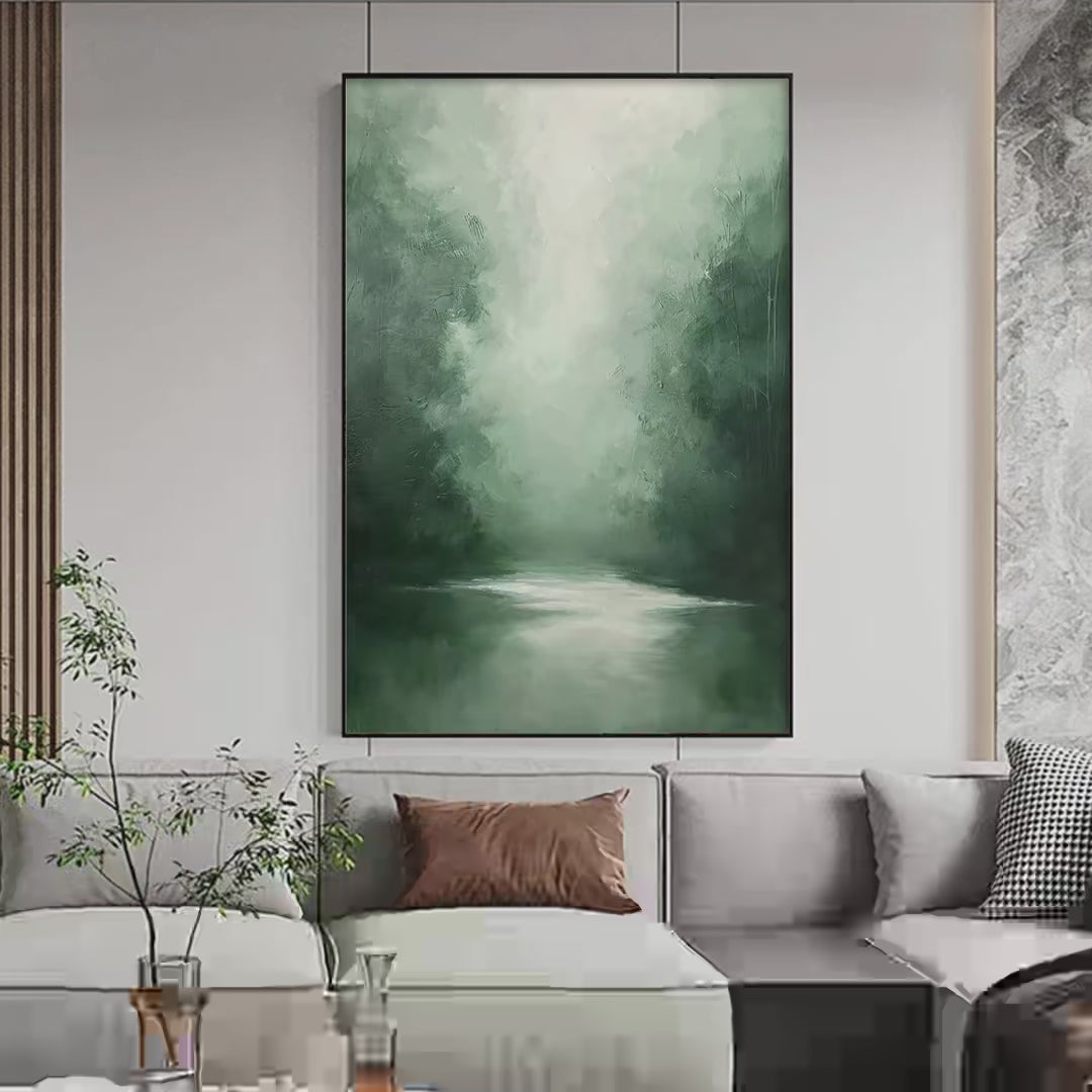 MISTY GREEN FOREST: Atmospheric Forest Landscape Painting, Vertical Wall Art - Image 4