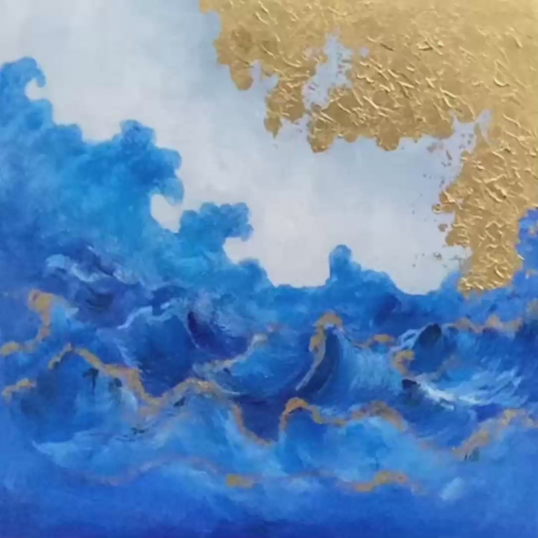 AZURE CREST: Square Abstract Ocean Waves Oil Painting with Gold Leaf - Image 3