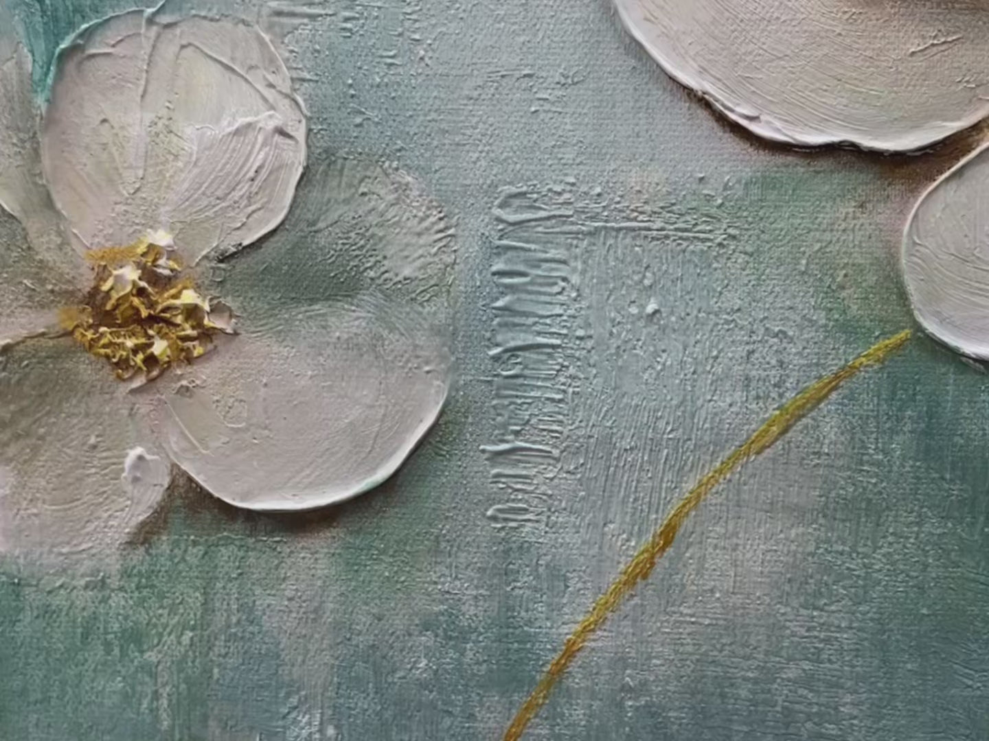 GOLDEN GARDEN: White and Gold Floral Painting, Teal Green Background Wall Art, Horizontal Canvas, Impressionist Decor - Image 4