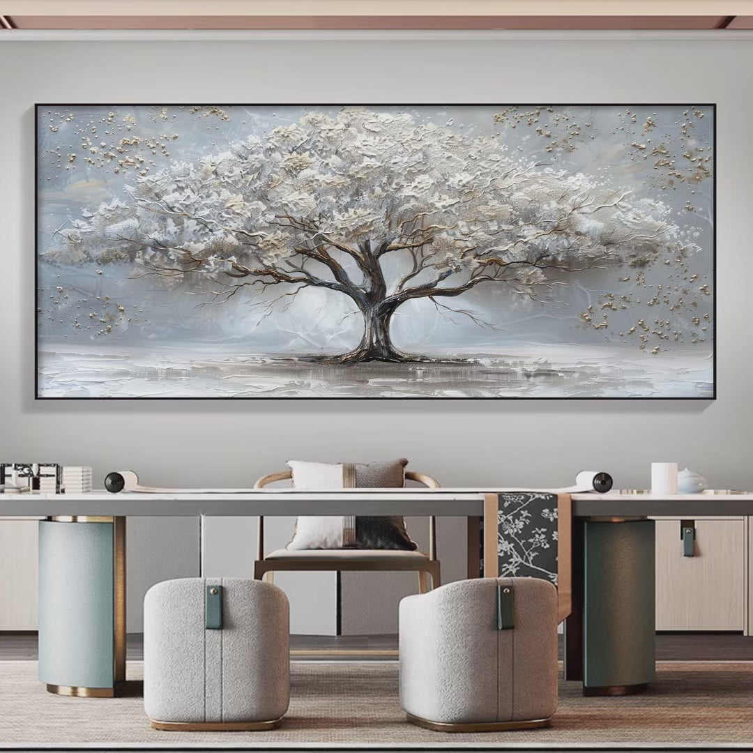SILVER LINING: Textured White and Gold Tree Painting on Grey Background - Image 4
