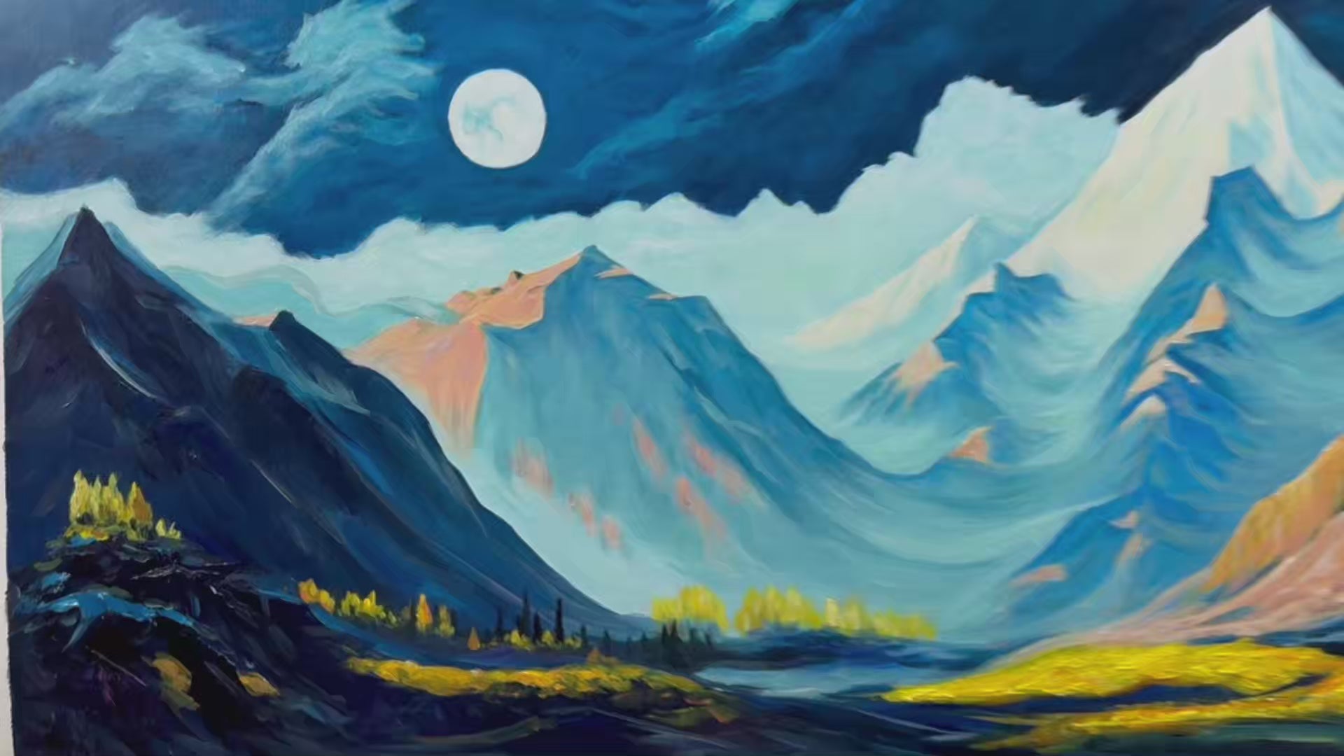 MOONLIT MAJESTY: Panoramic Mountain Landscape Oil Painting with Moon - Image 4