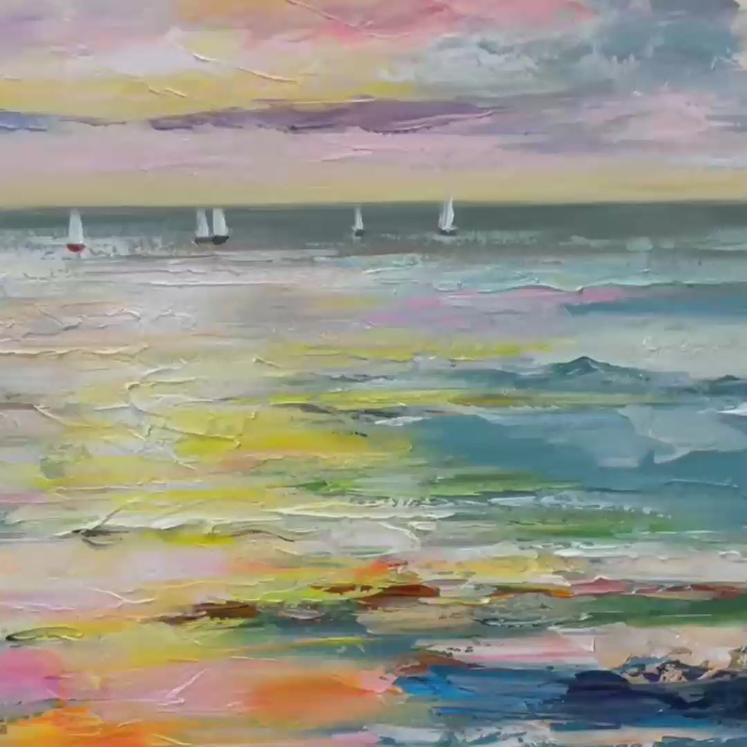 SUNSET SAIL: Seascape Painting, Impasto Texture, Ocean View, Panoramic Wall Art, Horizontal - Image 3