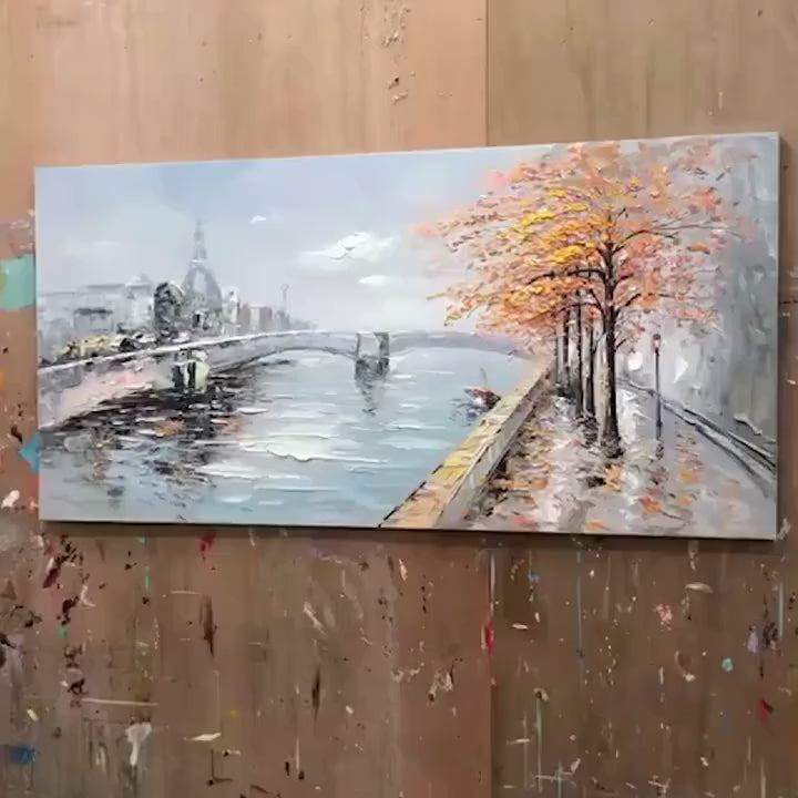 AUTUMNAL RIVER WALK: Panoramic Cityscape Oil Painting with River and Trees - Image 4