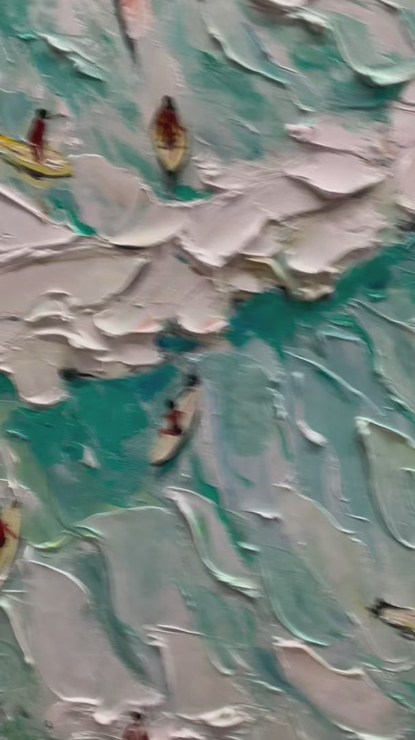 SURF'S UP: Textured Aerial View of Surfers Oil Painting - Image 3