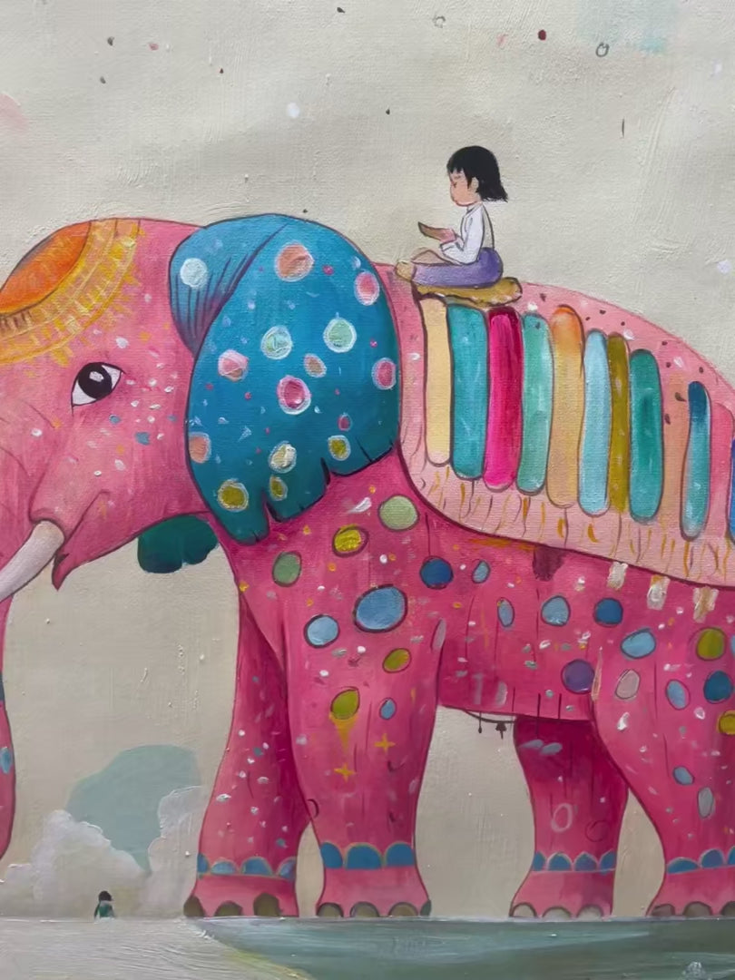 ELEPHANT DREAMS: Whimsical Pink Elephant and Child Oil Painting - Image 4