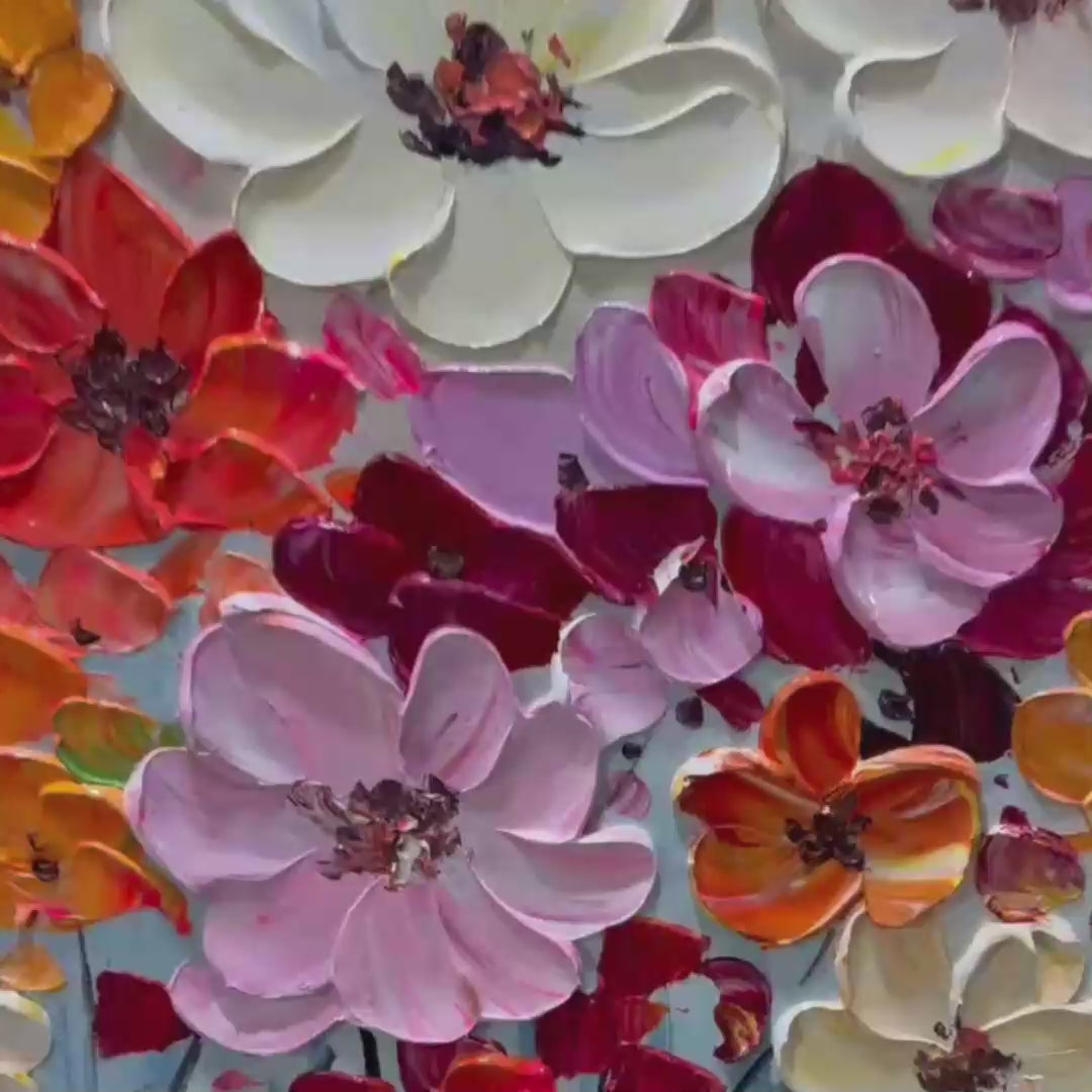 BOUQUET OF JOY: Panoramic Impasto Painting of Colorful Flowers, Textured Floral Wall Art - Image 3