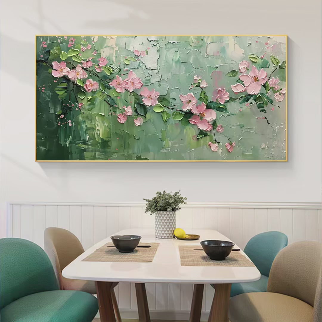 SPRING BLOSSOM: Textured Pink Floral Painting on Green Background - Image 4
