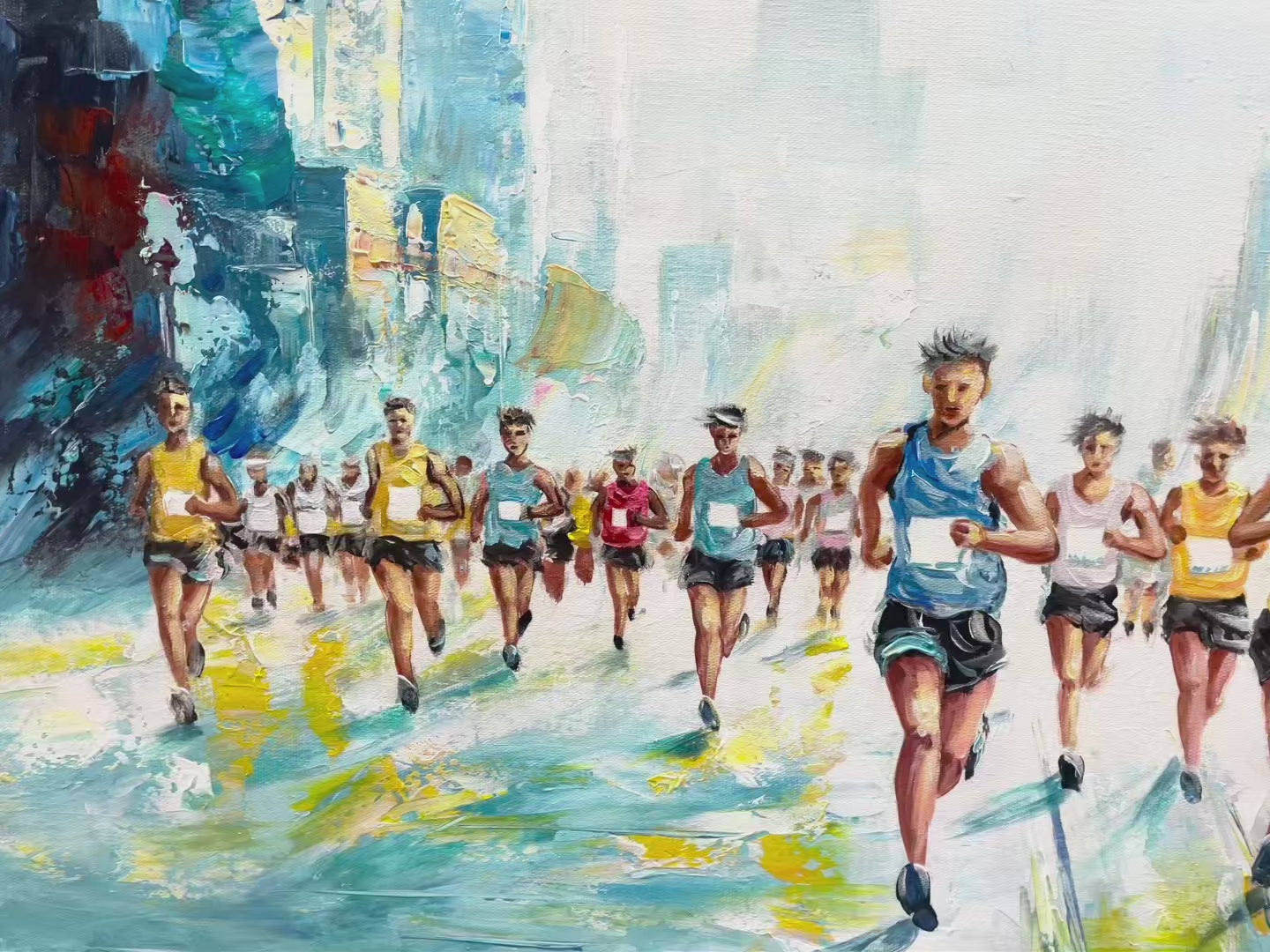 CITY STRIDE: Textured Urban Marathon Scene Oil Painting - Image 4