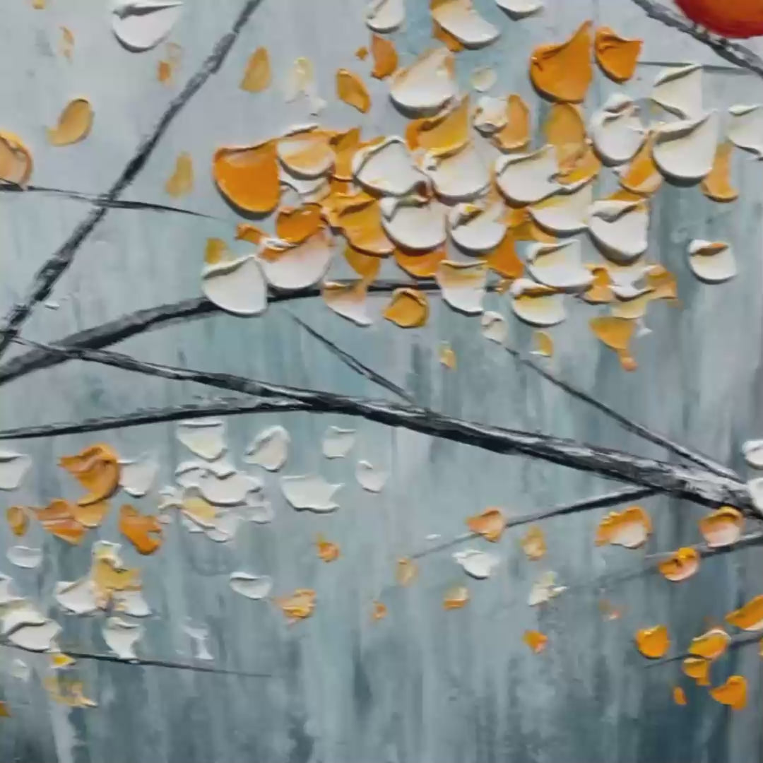 RED BIRD ON BRANCHES: Horizontal Impasto Painting, Bird on Blossoming Branches, Textured Wall Art, Blue - Image 3