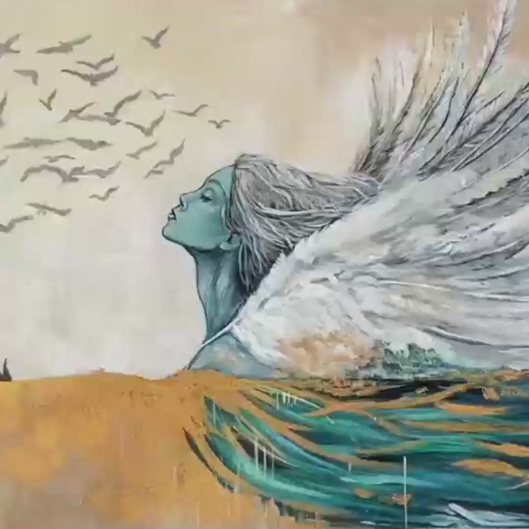 GOLDEN ASCENSION: Ethereal Angel with Birds Oil Painting - Image 3