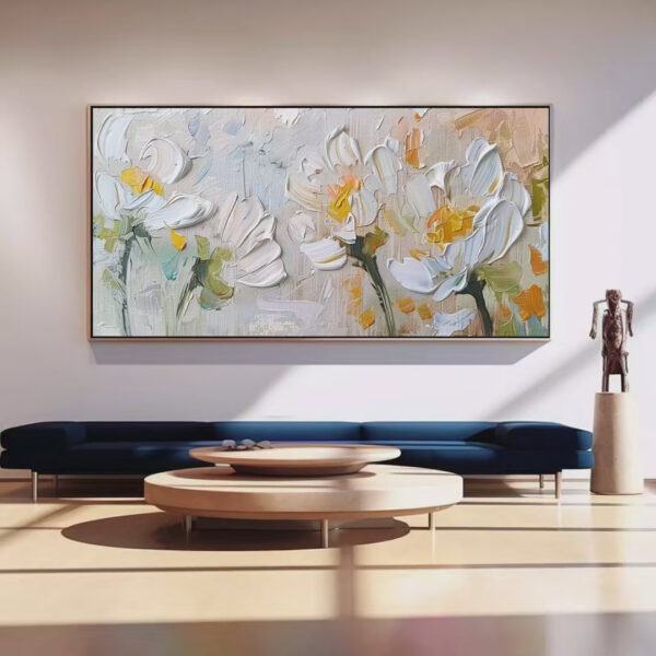 WHITE BLOSSOMS: Textured Impasto Floral Painting in White and Beige