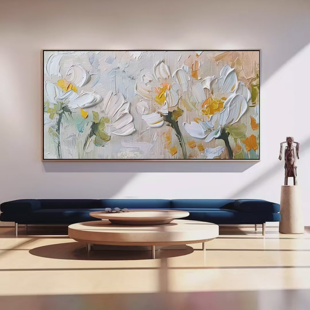 WHITE BLOSSOMS: Textured Impasto Floral Painting in White and Beige - Image 4