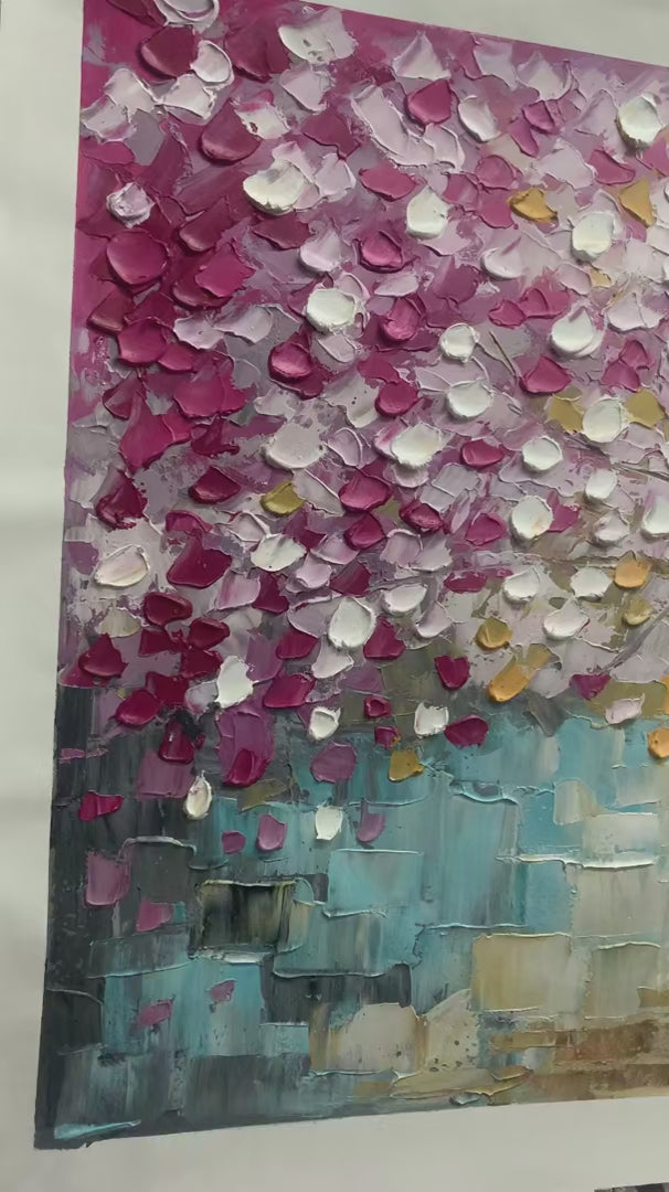 CHERRY BLOSSOM DREAM: Panoramic Textured Impasto Painting of a Cherry Blossom Tree, Modern Wall Art, Pink and Gold - Image 4