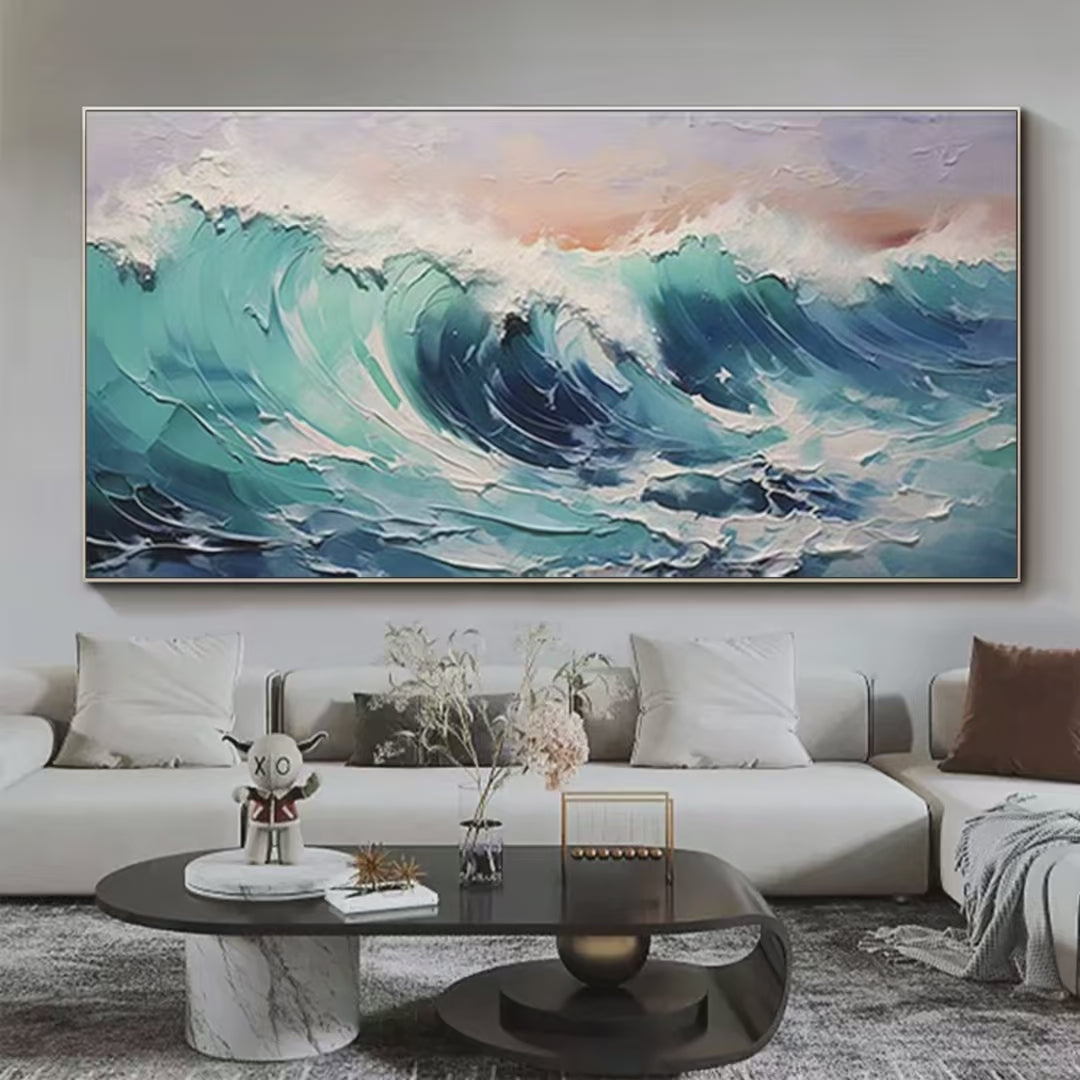 CRESTING WAVE: Textured Ocean Painting, Turquoise Wave Wall Art, Panoramic Canvas, Seascape Decor - Image 3