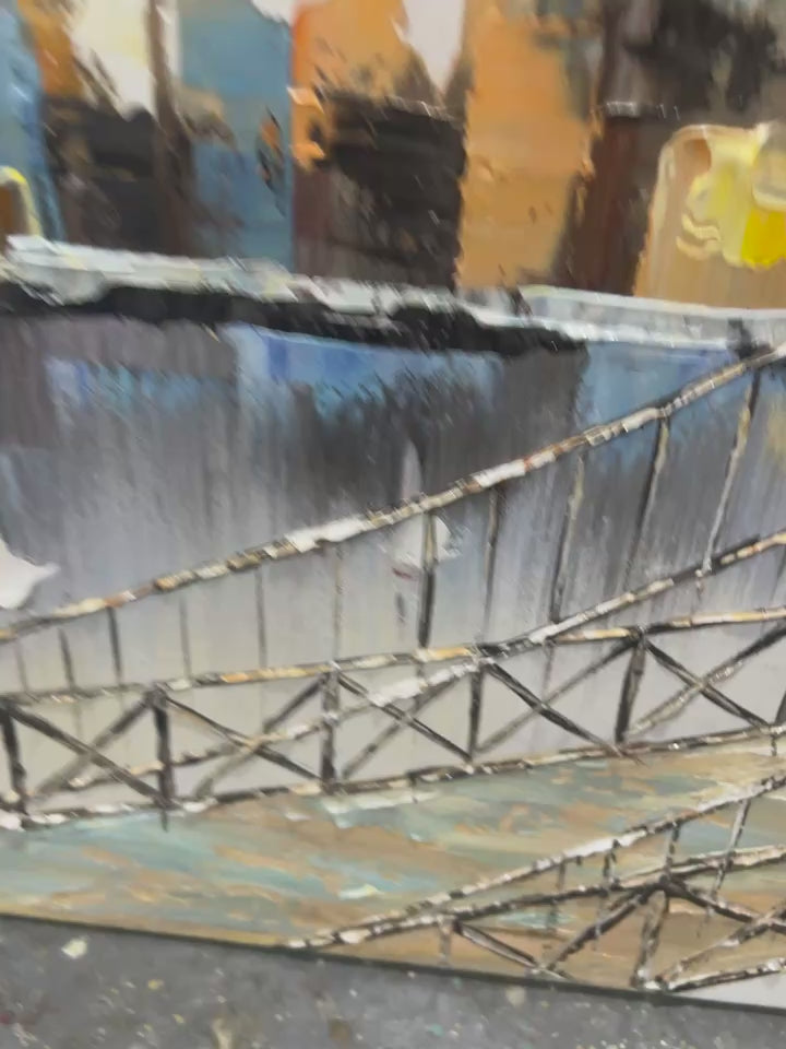 URBAN CONNECTIVITY: Panoramic Cityscape Oil Painting with Bridge - Image 4