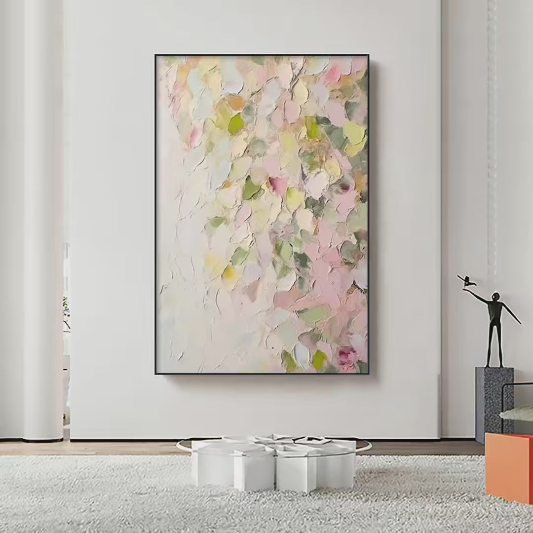 BLUSHING BLOOMS: Textured Abstract Floral Painting, Pastel Pink and Green Wall Art, Vertical Canvas, Impasto Decor - Image 2