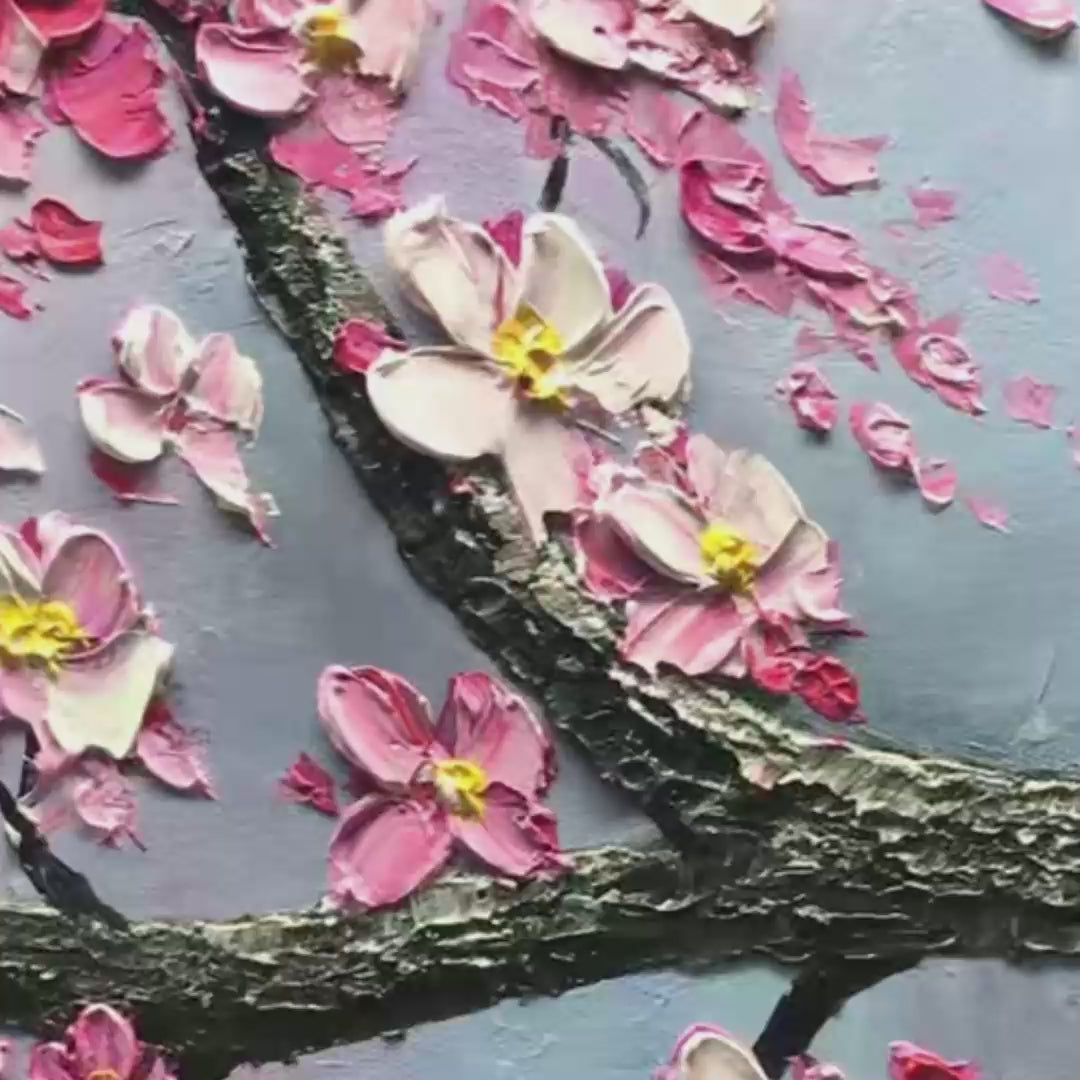 SPRINGTIME SERENADE: Textured Cherry Blossom Painting, Horizontal Wall Art - Image 3
