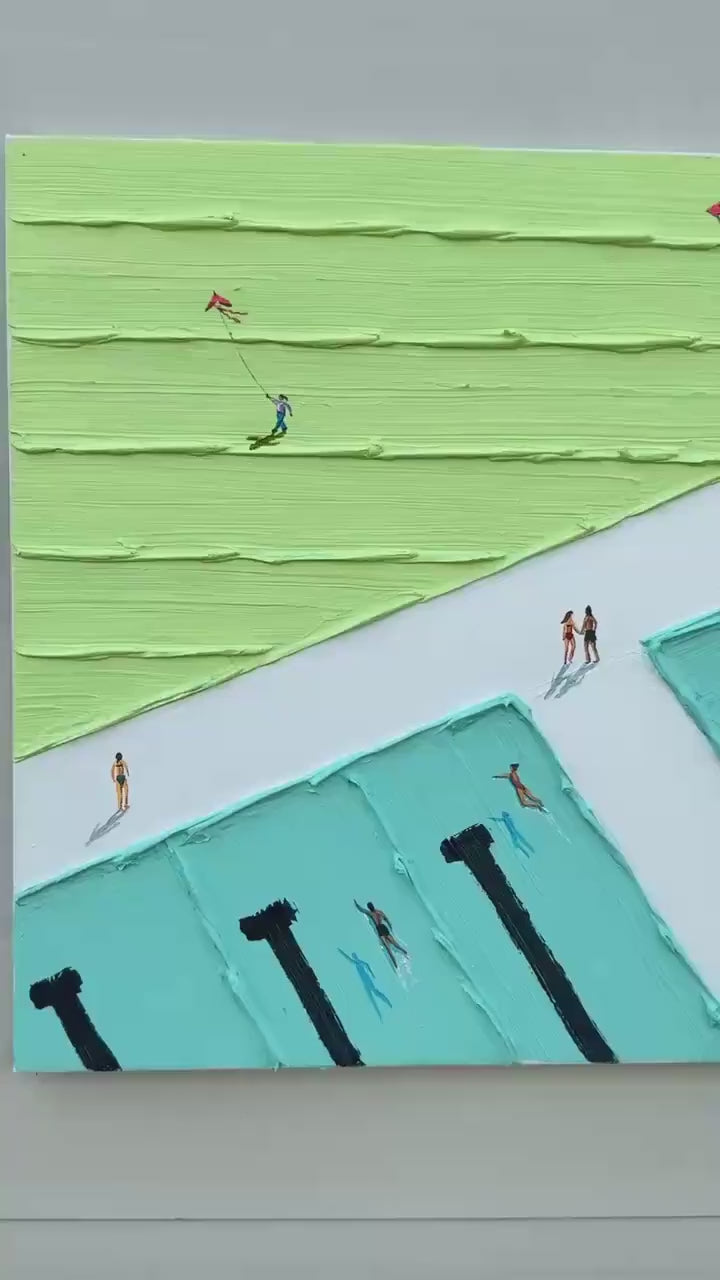 AQUA PROMENADE: Minimalist Poolside Cityscape Oil Painting - Image 3