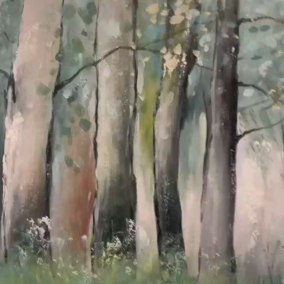 WHISPERING WOODS: Serene Green and Gold Forest Landscape Painting - Image 3