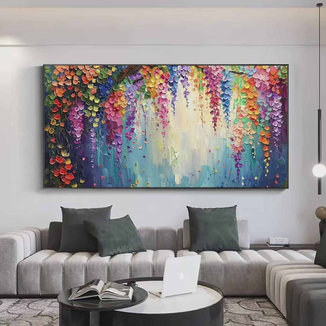 WISTERIA WATERFALL: Textured Floral Painting, Colorful Wisteria Wall Art, Panoramic Canvas, Impressionist Decor - Image 3