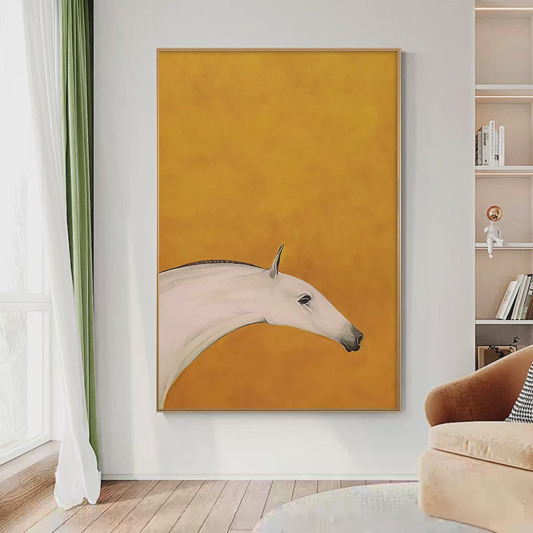WHITE HORSE ON YELLOW: Minimalist Horse Painting, Vertical Wall Art - Image 4