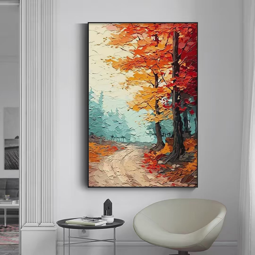 AUTUMN PATH: Textured Forest Path Painting, Orange and Blue Wall Art, Vertical Canvas, Impasto Decor - Image 2