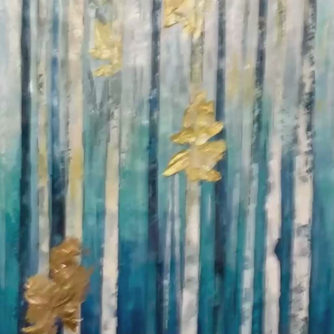 AZURE FOREST: Vertical Abstract Forest Oil Painting with Gold Leaf - Image 3