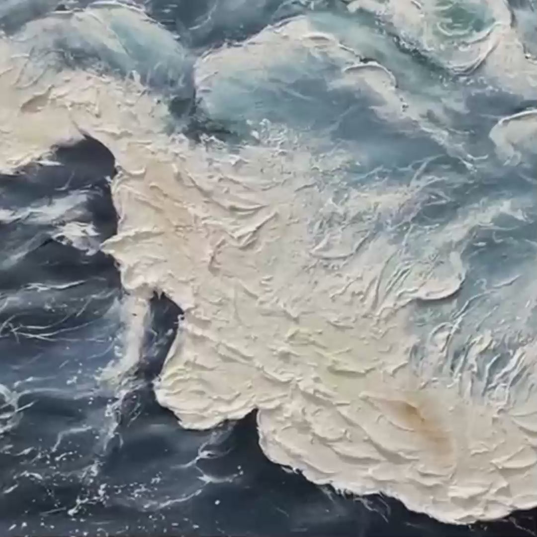 AZURE WHISPERS: Panoramic Abstract Ocean Painting in Blue and Gold - Image 3