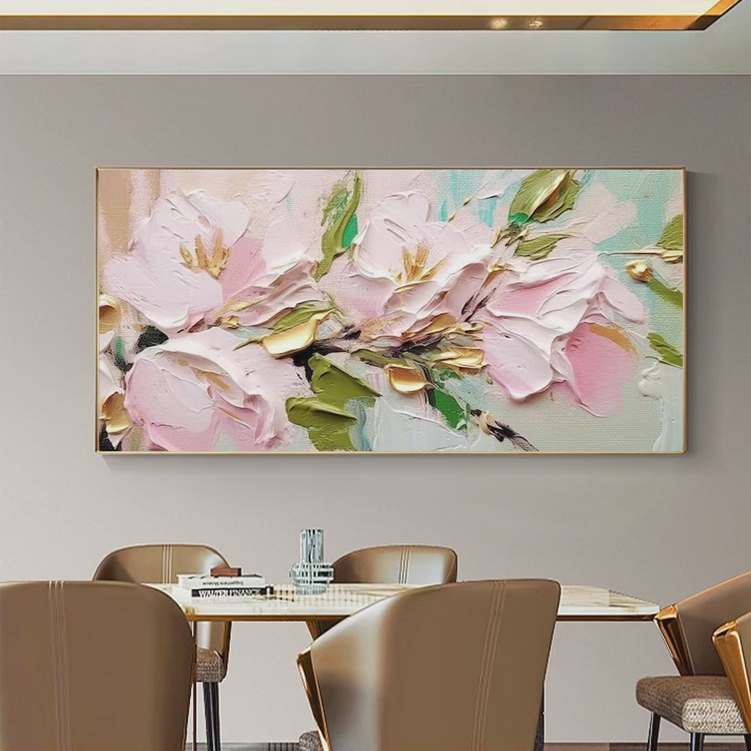 GOLDEN BLUSH: Textured Pink and Gold Floral Impasto Painting - Image 4