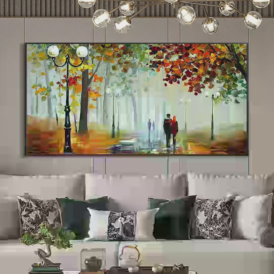 AUTUMN PARK STROLL: Romantic Park Landscape Painting, Horizontal Wall Art - Image 4
