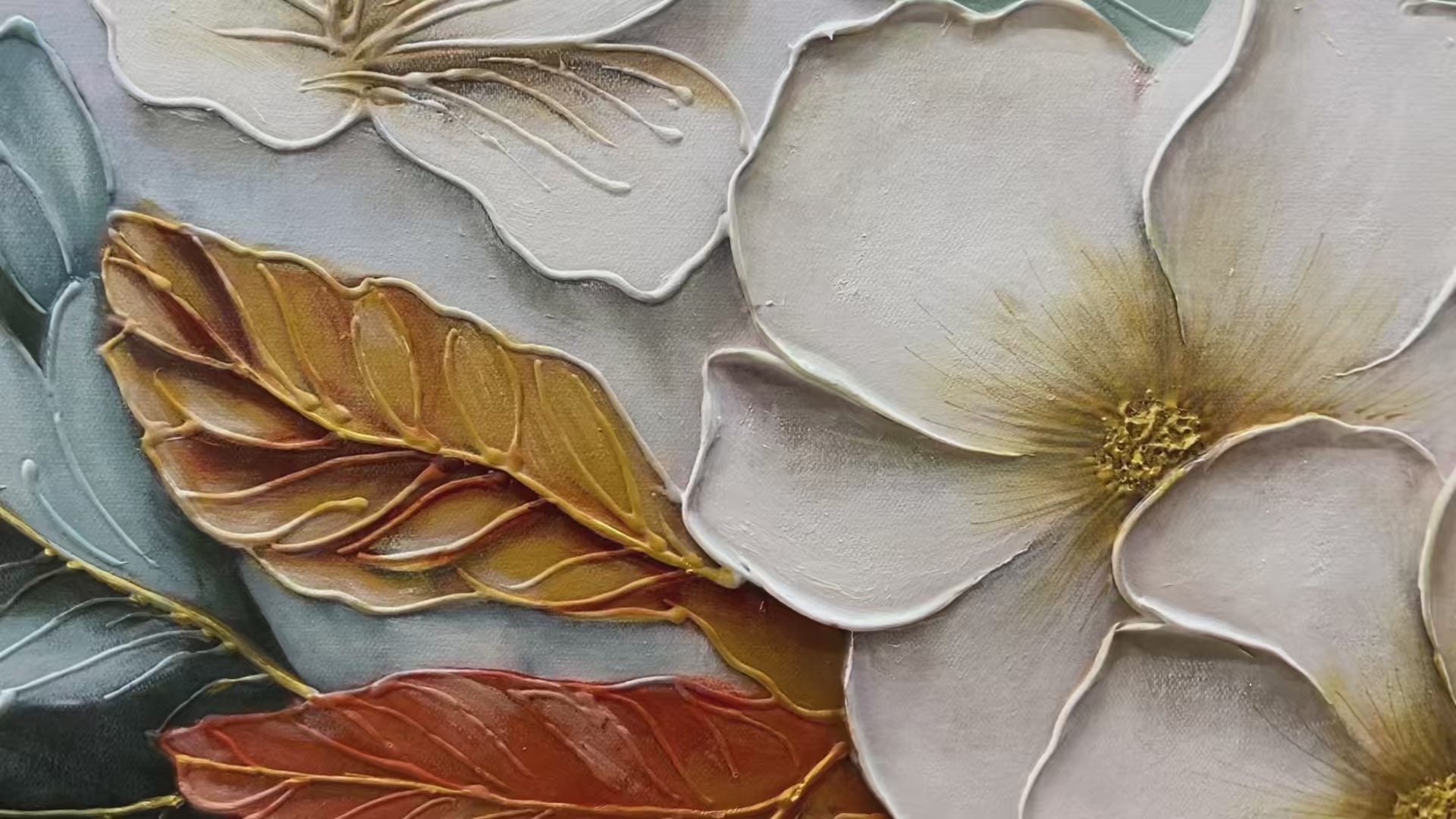 WHITE MAGNOLIAS: Horizontal Textured Floral Painting, White and Gold Magnolias, Modern Wall Art, Living Room, Bedroom - Image 3