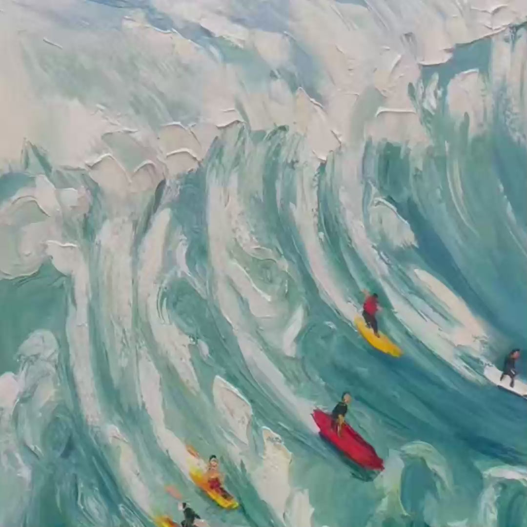 CATCHING THE WAVE: Vertical Ocean Painting of Surfers Riding a Wave - Image 3