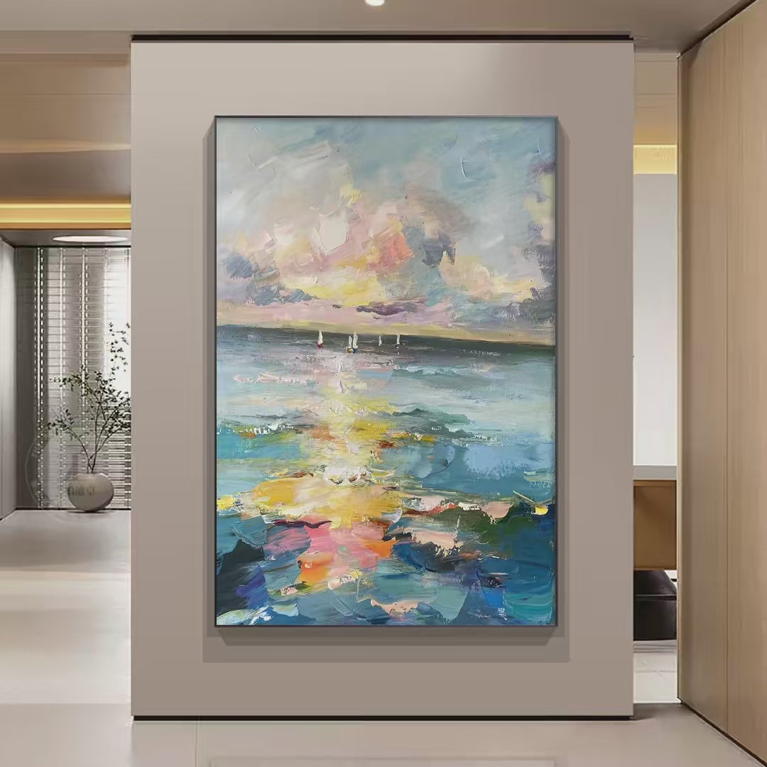 SAILBOATS AT SUNSET: Seascape Painting, Impasto, Textured Wall Art, Ocean Sunset, Vertical - Image 11