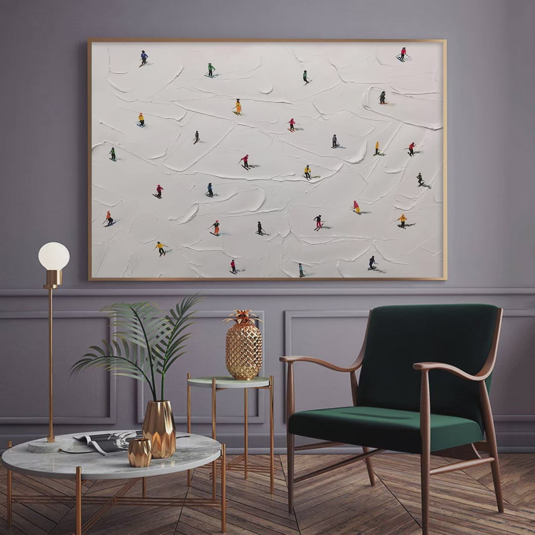 SKI SLOPES: Minimalist Painting of Skiers on a Snowy Slope - Image 4
