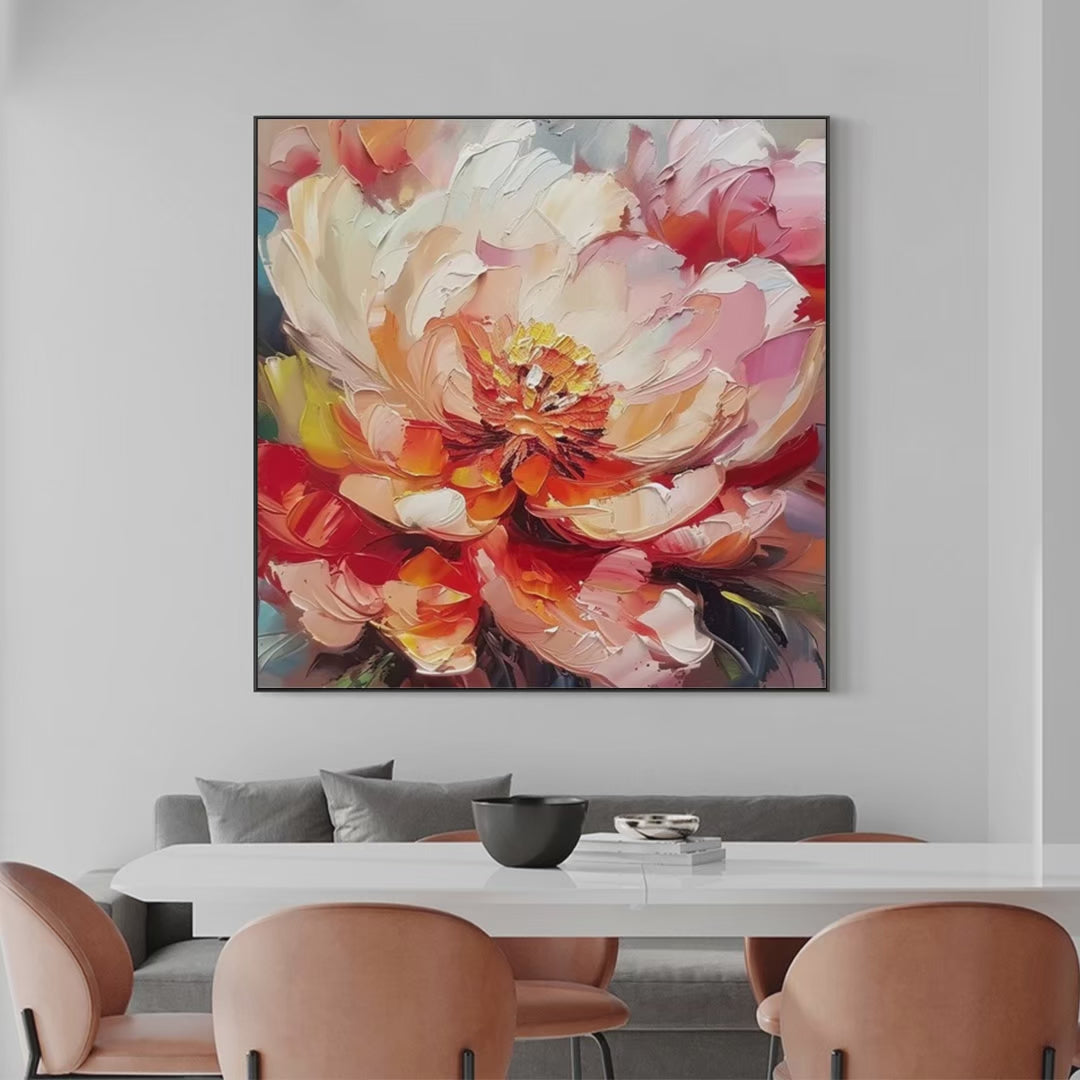BLOOMING PEONY: Textured Impasto Peony Painting in Pink and Orange - Image 3