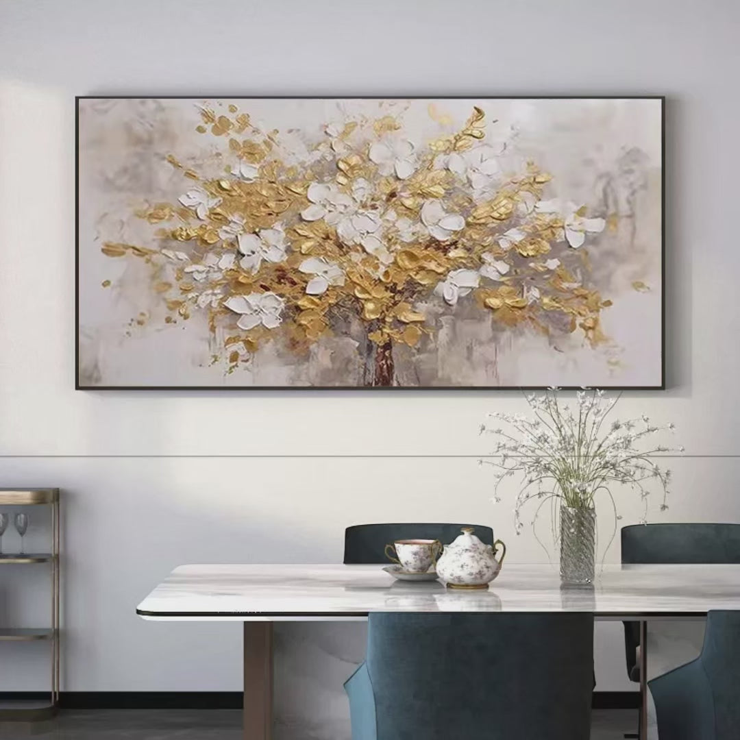 GOLDEN GARDEN: Textured White and Gold Floral Impasto Painting - Image 4